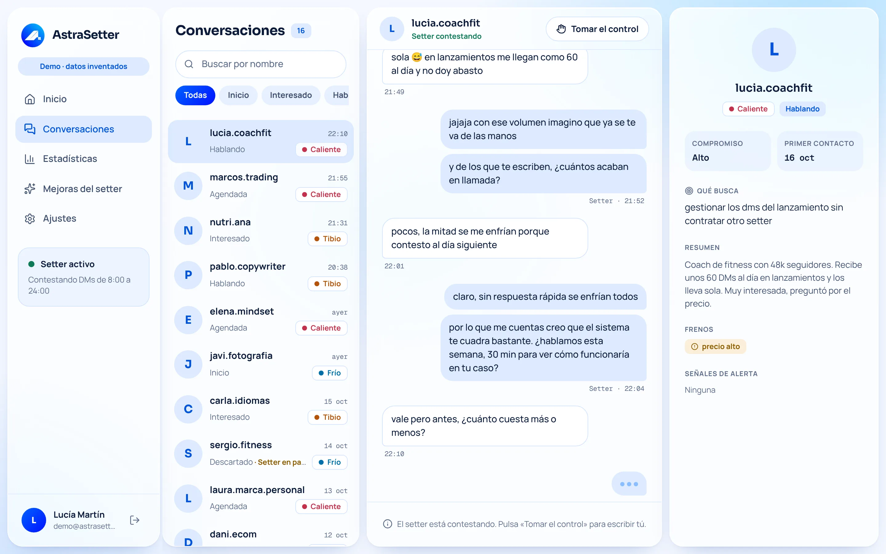 Panel de AstraSetter: lista de conversaciones con su temperatura, un chat abierto donde el setter está contestando y la ficha del lead con su resumen